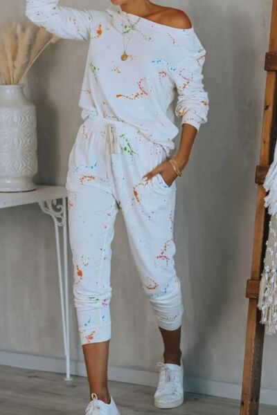 Splatter Print Round Neck Top and Drawstring Pants Set