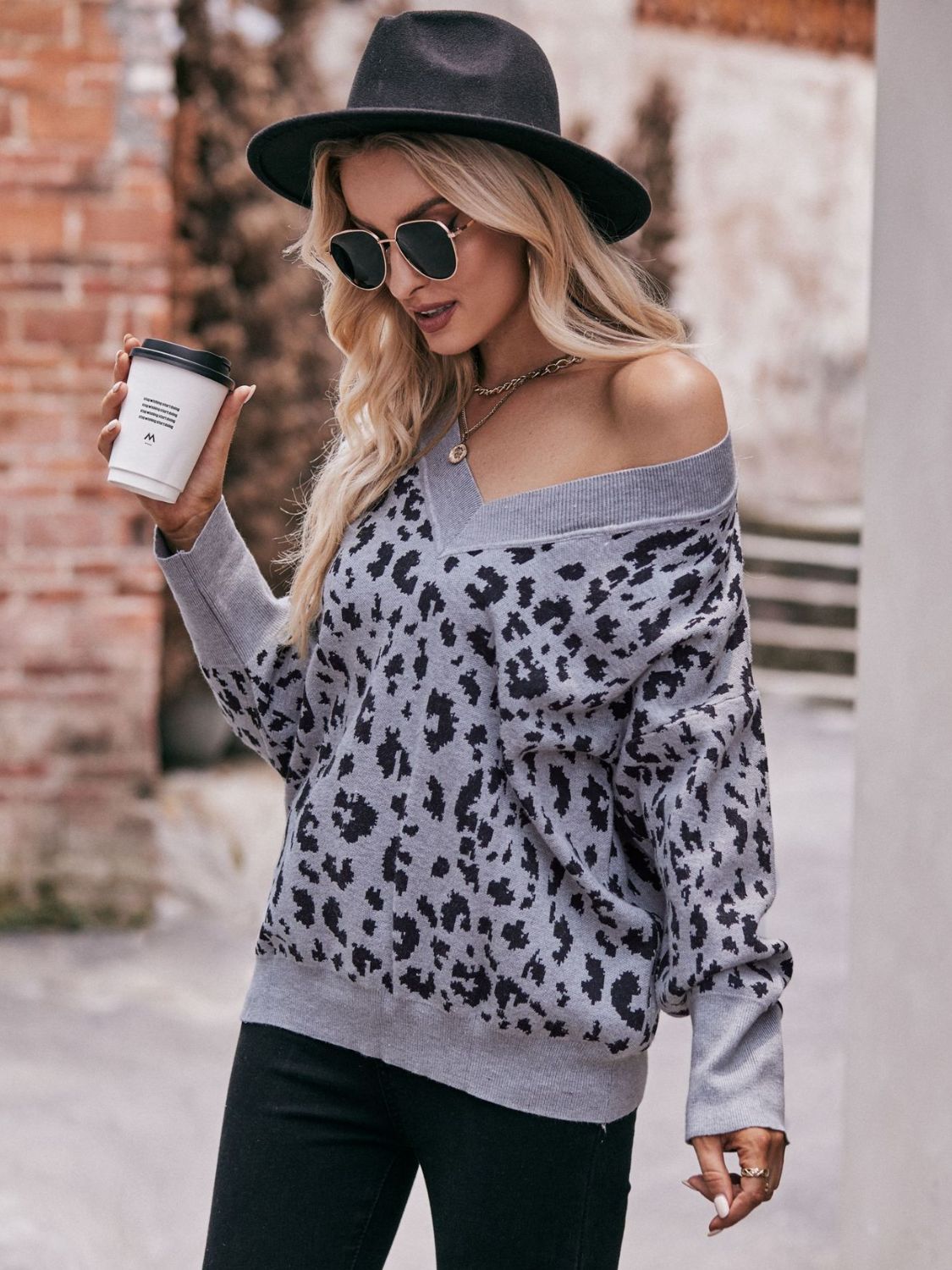 Leopard V-Neck Dropped Shoulder Top