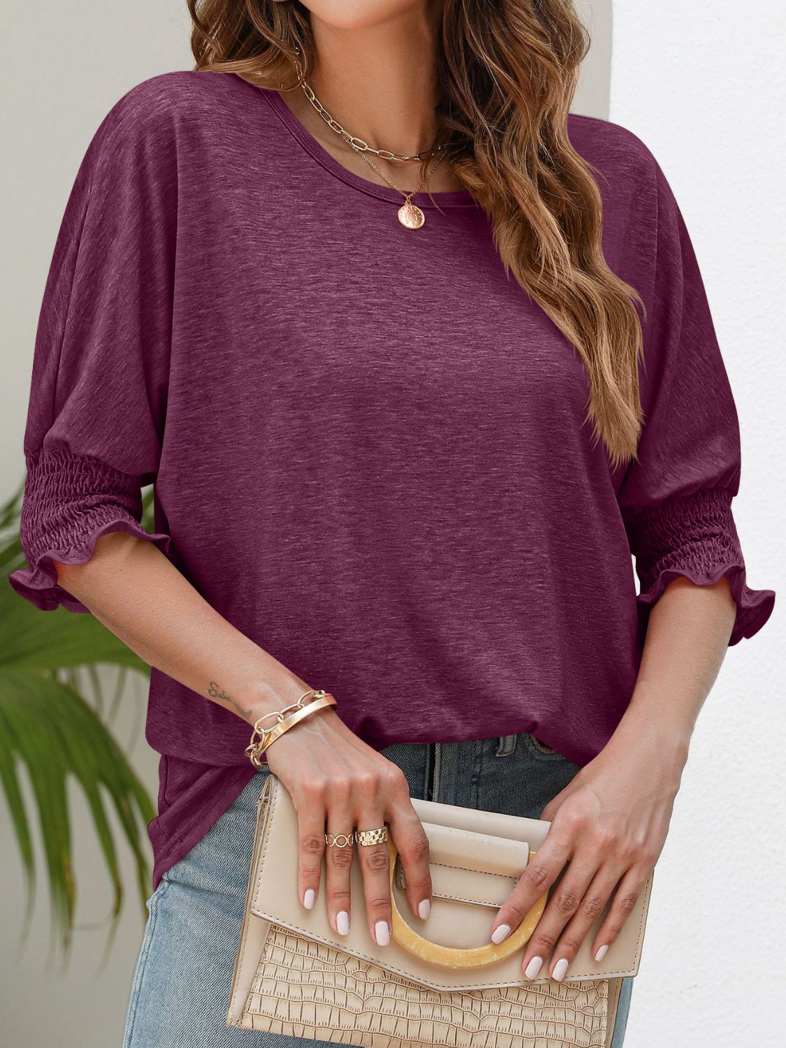 Smocked Flounce Sleeve Round Neck T-Shirt