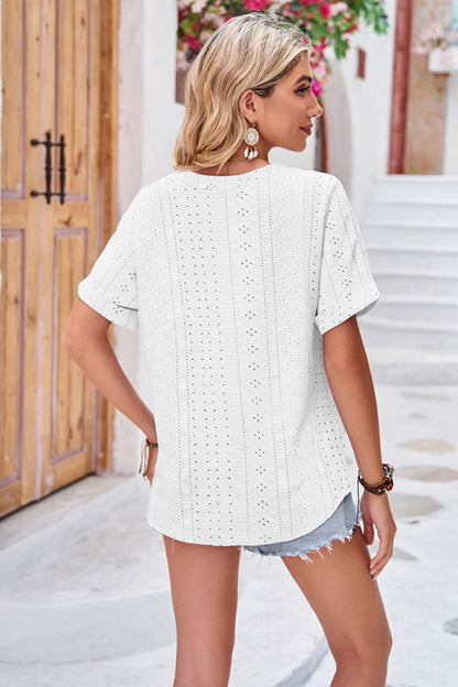 Buttoned Notched Neck Eyelet Top