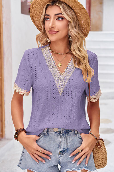 Eyelet V-Neck Short Sleeve T-Shirt