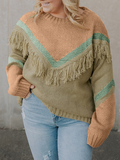 Plus Size Fringe Detail Round Neck Long Sleeve Sweater