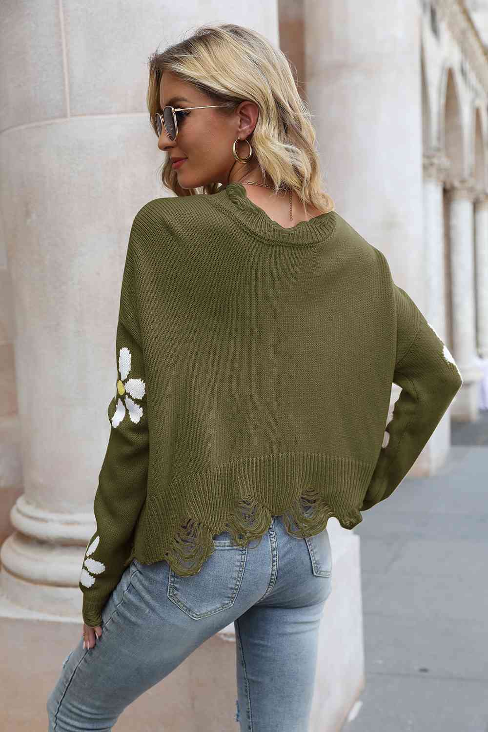 Flower Distressed Long Sleeve Sweater