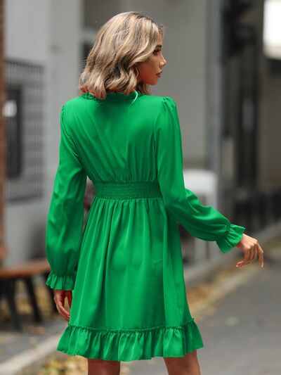 Ruffle Trim V-Neck Flounce Sleeve Dress