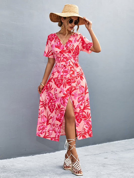 Floral Print High Slit Surplice Neck Tie Waist Midi Dress