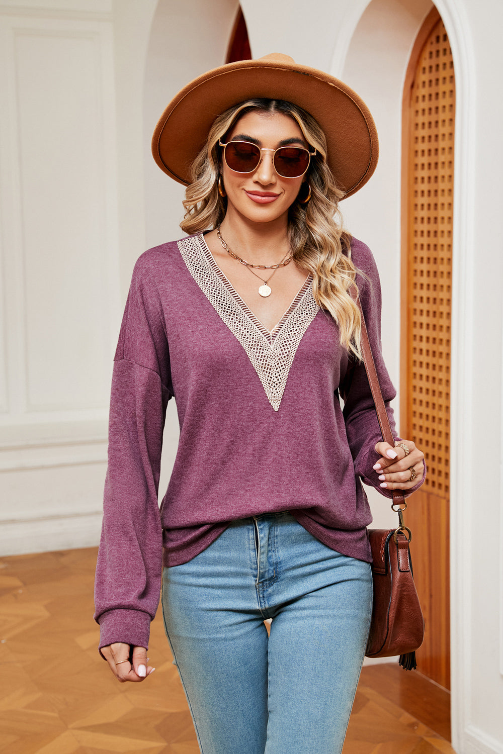 Contrast V-Neck Long Sleeve Blouse