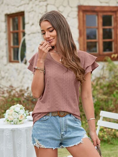 Eyelet V-Neck Short Sleeve Blouse