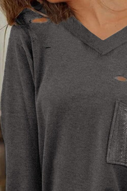 Distressed V-Neck Long Sleeve T-Shirt With Pockets