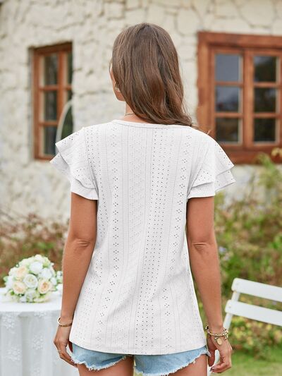 Eyelet V-Neck Short Sleeve Blouse