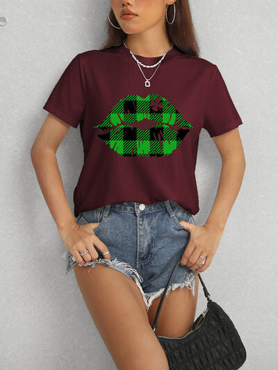 Plaid Lip Graphic Round Neck T-Shirt