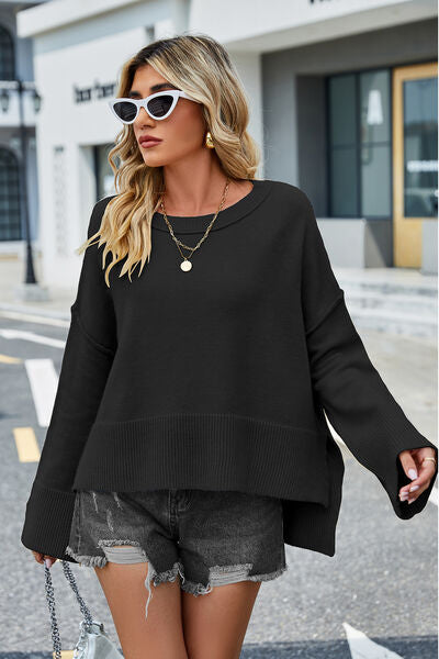 High-Low Slit Round Neck Long Sleeve Sweater