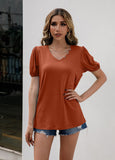 V-Neck Decorative Buttons Puff Sleeve Tee