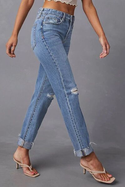 Distressed Raw Hem Straight Jeans with Pockets