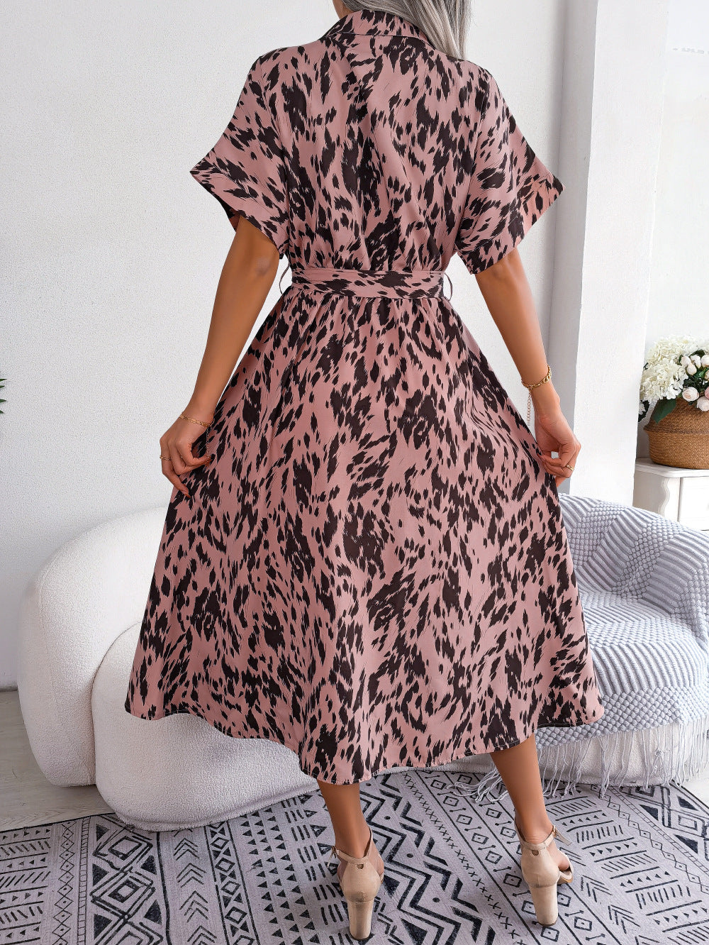 Printed Collared Neck Short Sleeve Tie Waist Dress