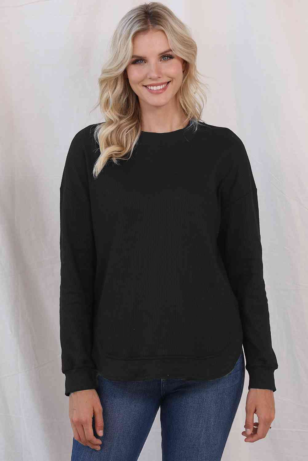 Waffle-Knit Crewneck Drop Shoulder Top