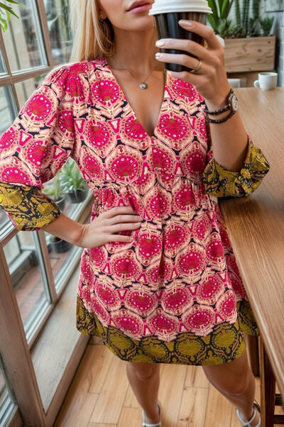 Printed V-Neck Three-Quarter Sleeve Dress