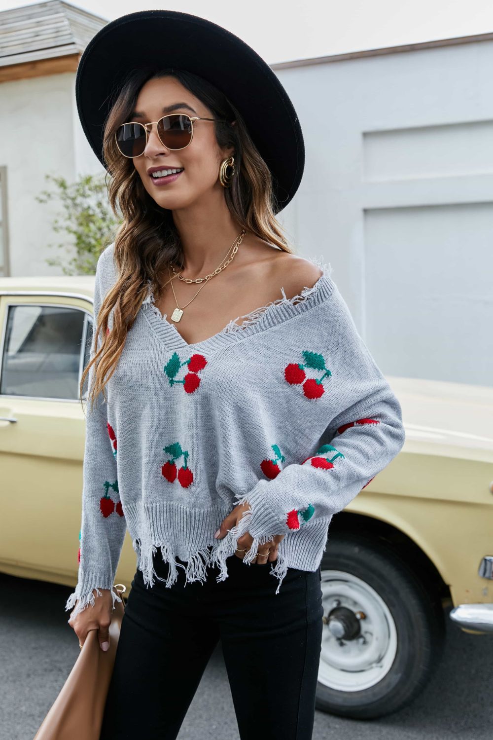 Cherry Pattern Frayed Trim V-Neck Sweater