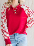 Heart Striped Quarter Button Long Sleeve T-Shirt