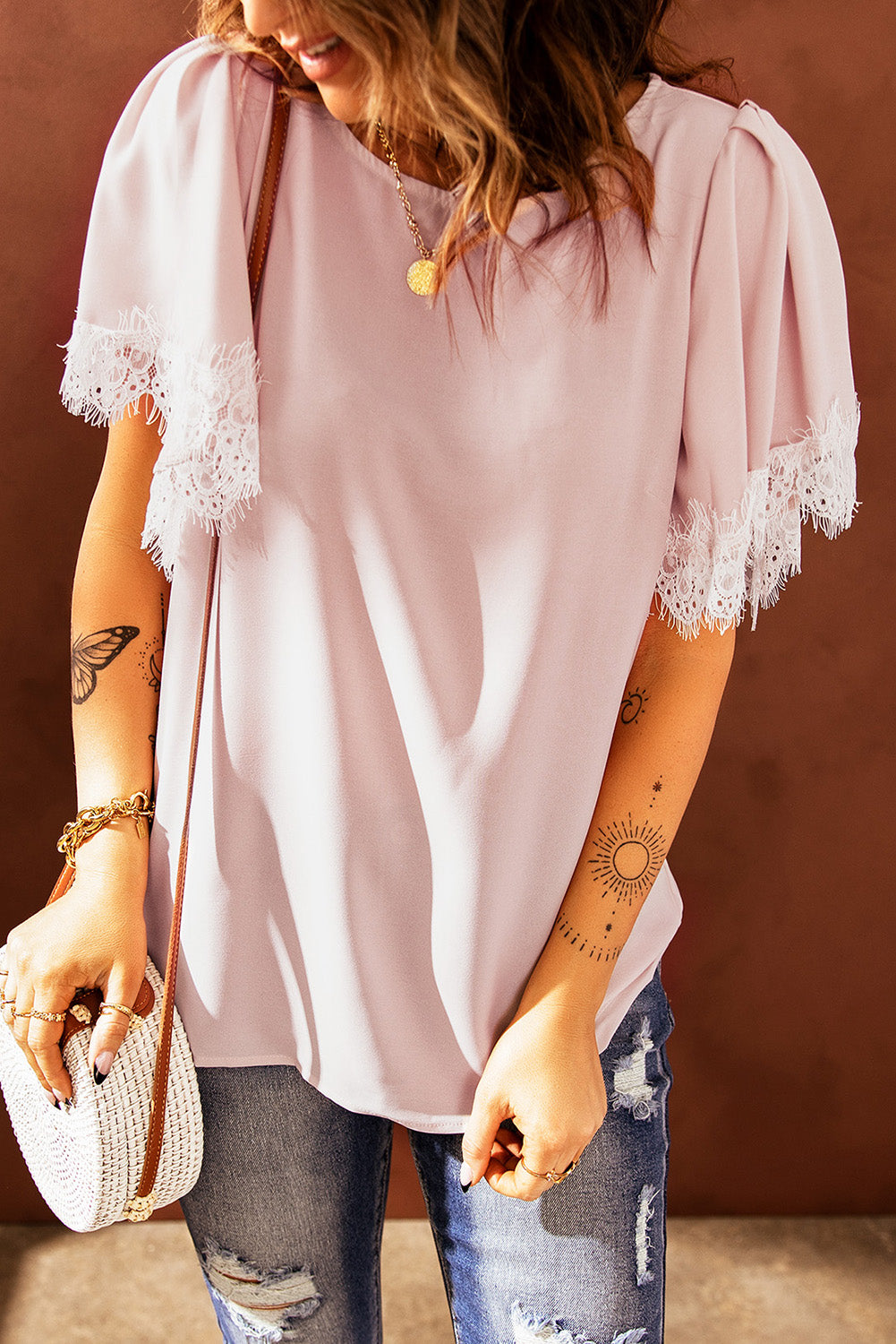 Lace Trim Flutter Sleeve Blouse