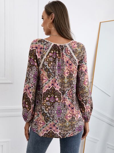 Lace Detail Printed V-Neck Blouse