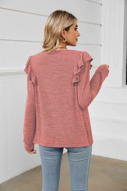 Square Neck Ruffle Shoulder Long Sleeve T-Shirt