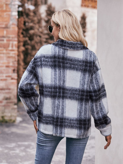 Plaid Dropped Shoulder Collared Jacket