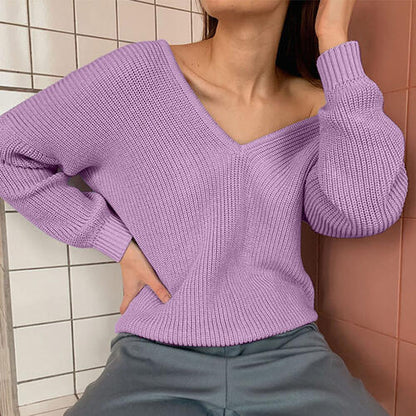 V-Neck Dropped Shoulder Long Sleeve Sweater