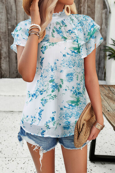 Printed Ruffled Mock Neck Blouse