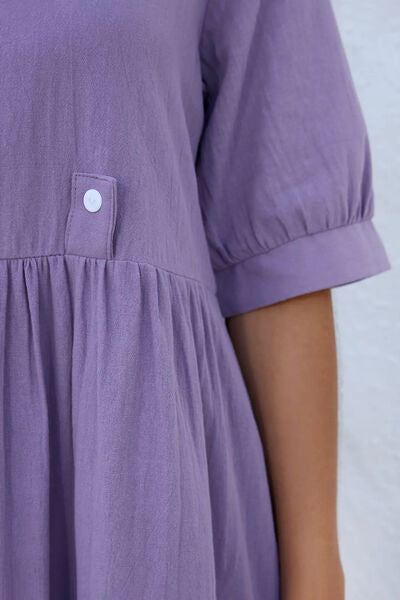 Decorative Button Round Neck Half Sleeve Dress