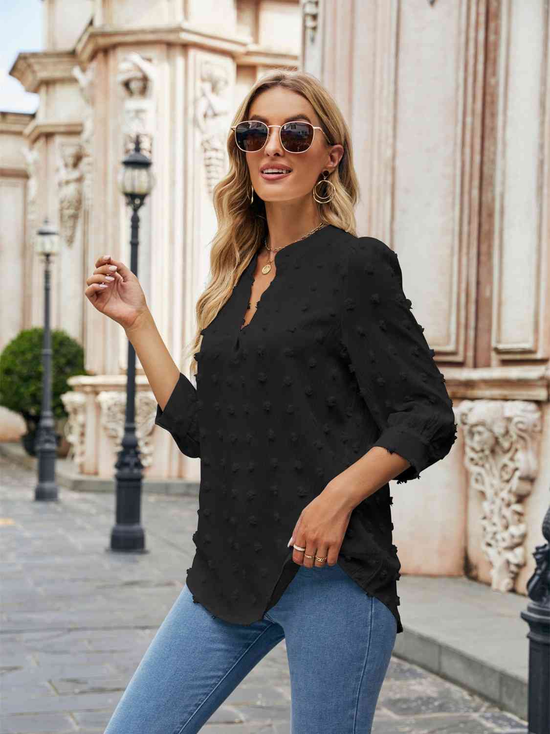 Swiss Dot Notched Neck Blouse