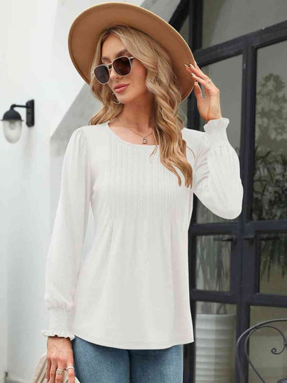 Smocked Round Neck Lantern Sleeve Blouse