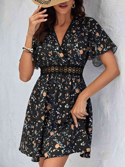 V Neck Flare Sleeve Floral Mini Dress