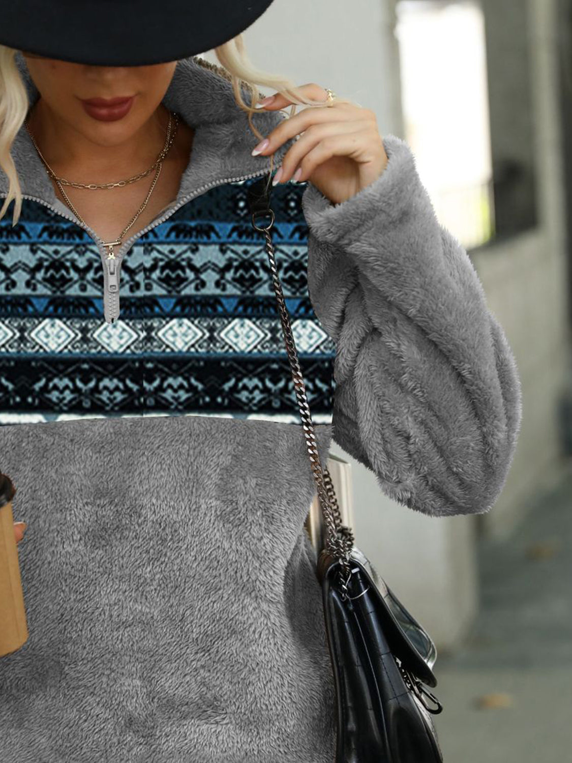 Geometric Quarter-Zip Collared Sweatshirt