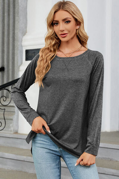 Heathered Round Neck Long Sleeve T-Shirt