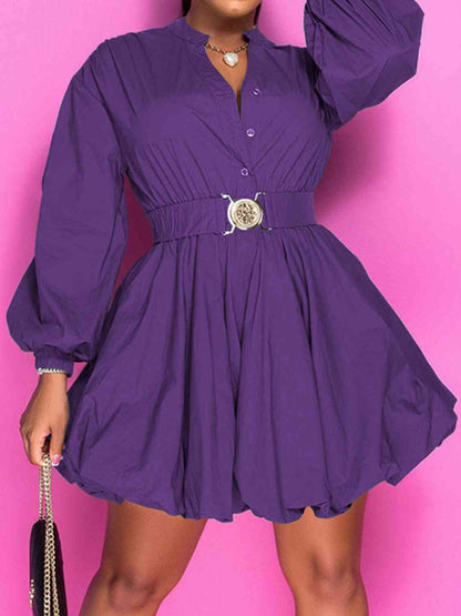 Notched Button Up Balloon Sleeves Dress