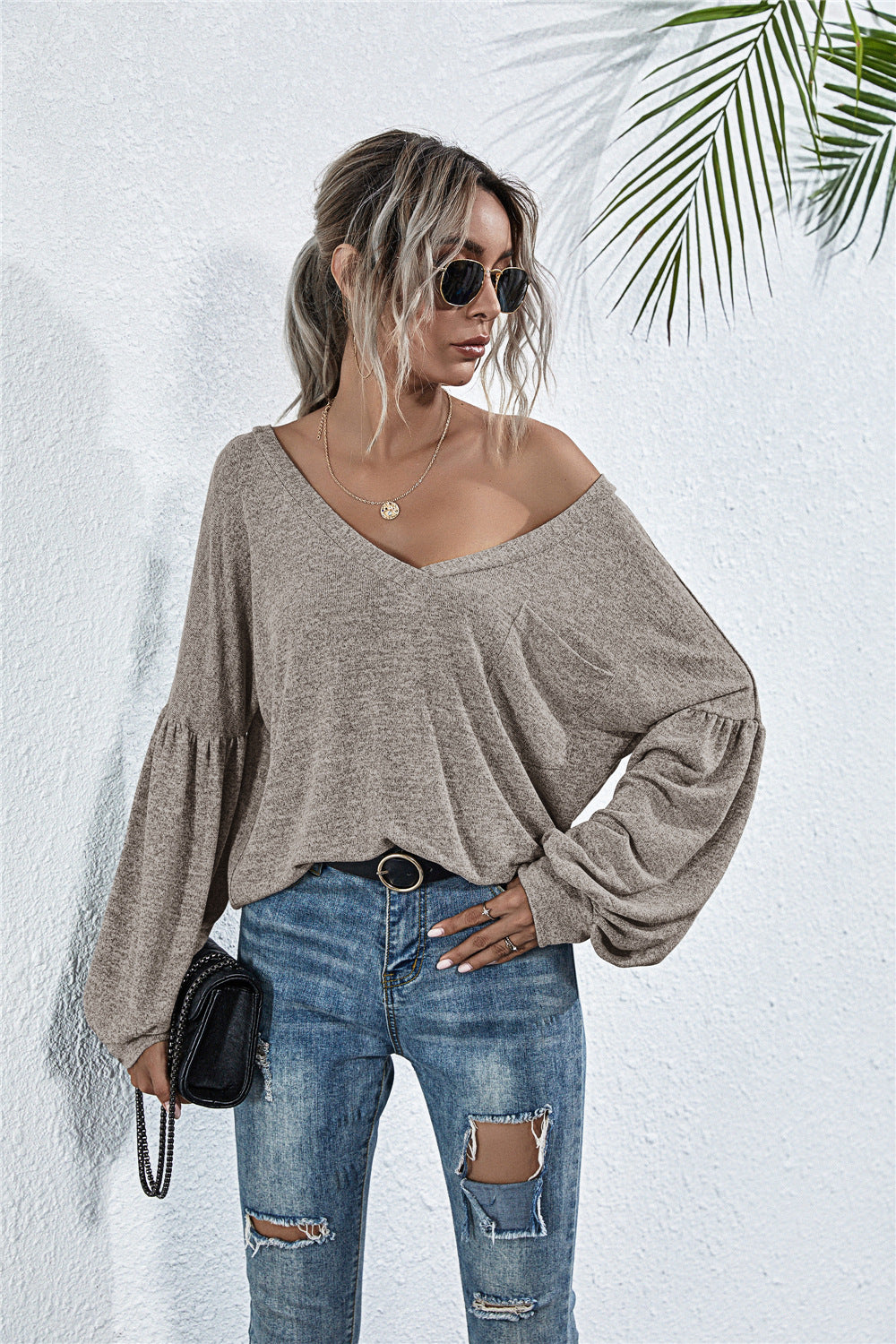 V-Neck Long Sleeve Dropped Shoulder Knit Top