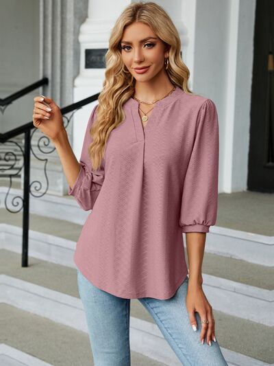 Textured Notched Three-Quarter Sleeve Blouse