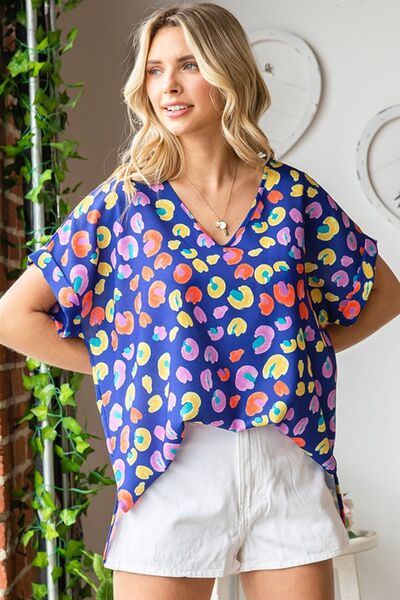 First Love Printed V-Neck Short Sleeve Blouse