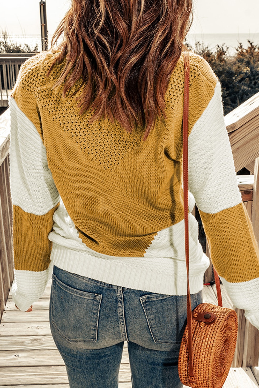 Two-Tone Openwork Rib-Knit Sweater