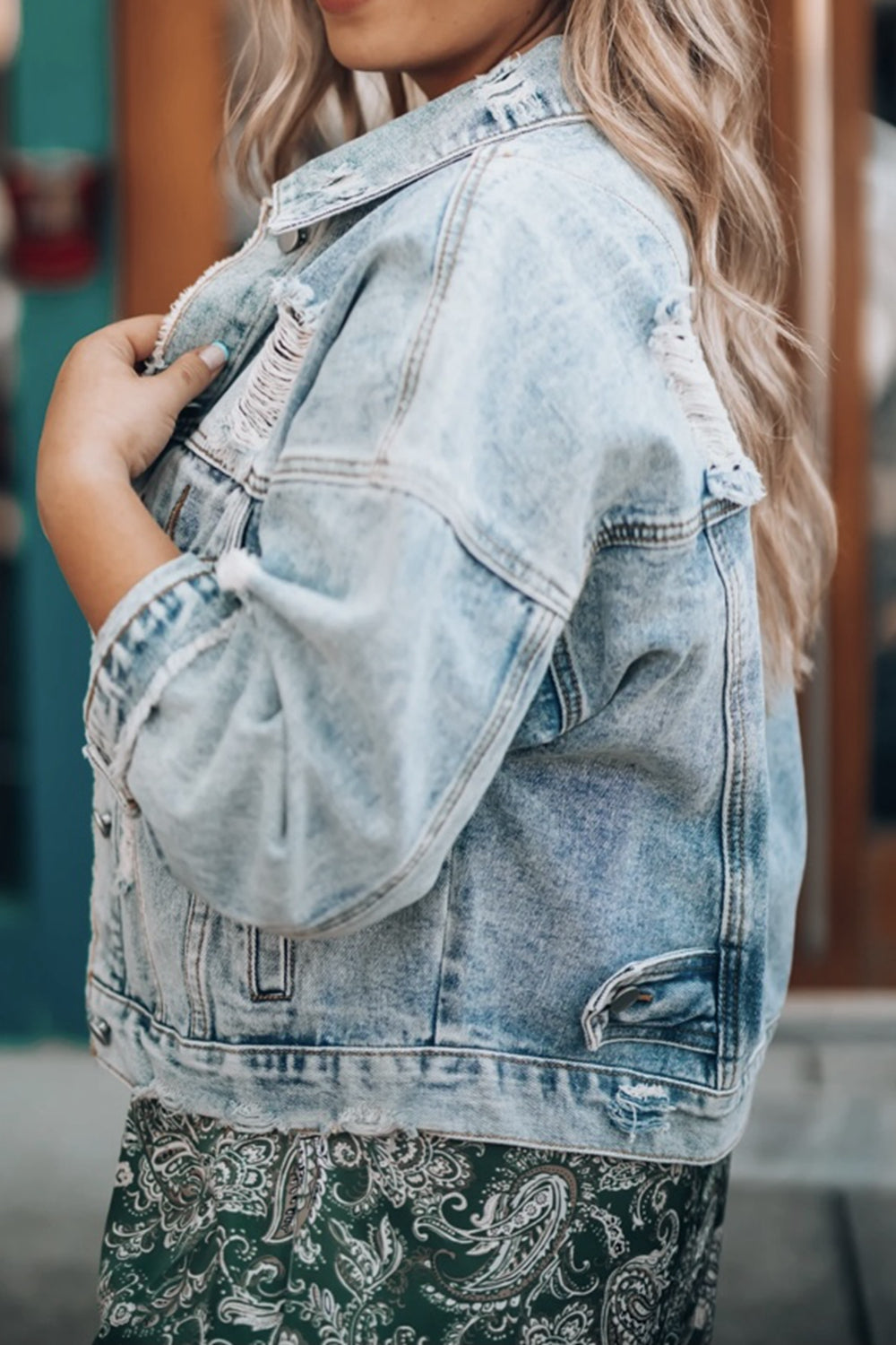 Distressed Drop Shoulder Denim Jacket