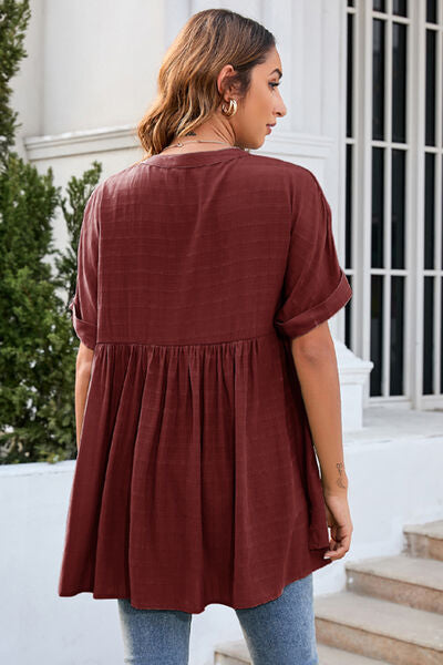 Ruched Notched Short Sleeve Blouse