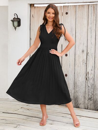 Pleated V-Neck Sleeveless Midi Dress