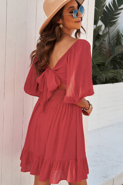 Tie-Back Ruffled Hem Square Neck Mini Dress