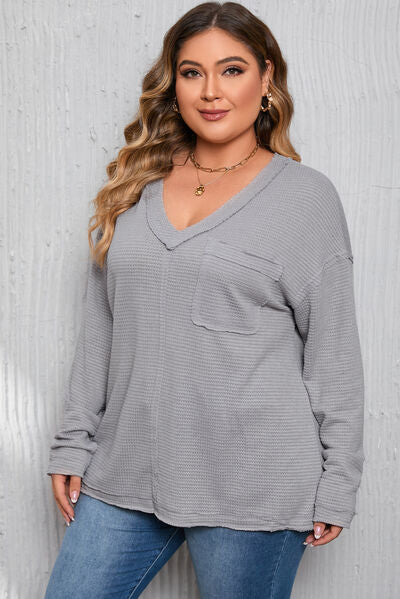 Plus Size Waffle-Knit V-Neck Dropped Shoulder T-Shirt