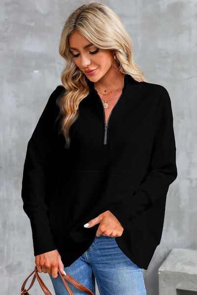 Half Zip Pocketed Dropped Shoulder Sweatshirt