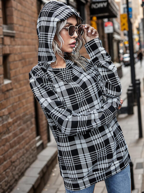 Plaid Mock Neck Long Sleeve Hoodie