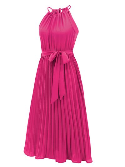 Pleated Spaghetti Strap Tie Waist Midi Dress