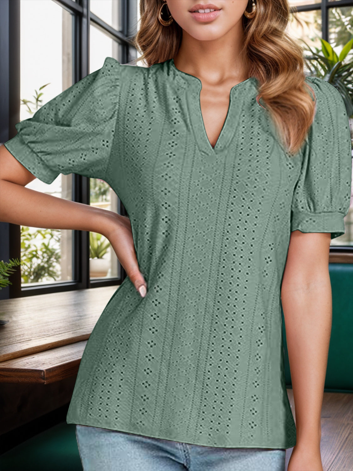 Eyelet Notched Short Sleeve Blouse