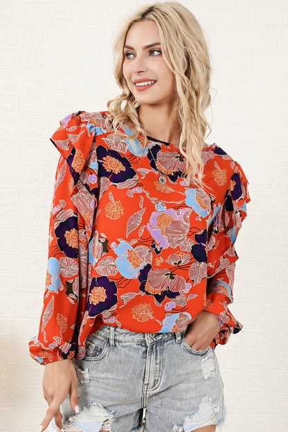 Floral Round Neck Ruffled Blouse