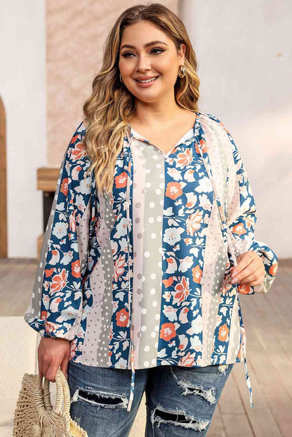 Plus Size Floral Tie Neck Blouse